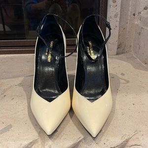 Saint Laurent Black and Cream Leather Ankle Strap Pointed Pumps